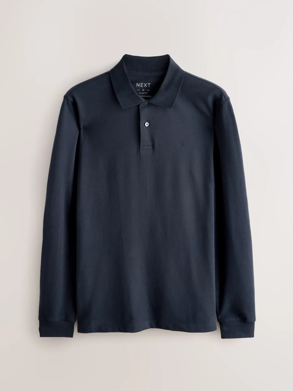 Poloshirts*Next - Slim Fit - Piqué polo met lange mouwen Donkerblauw