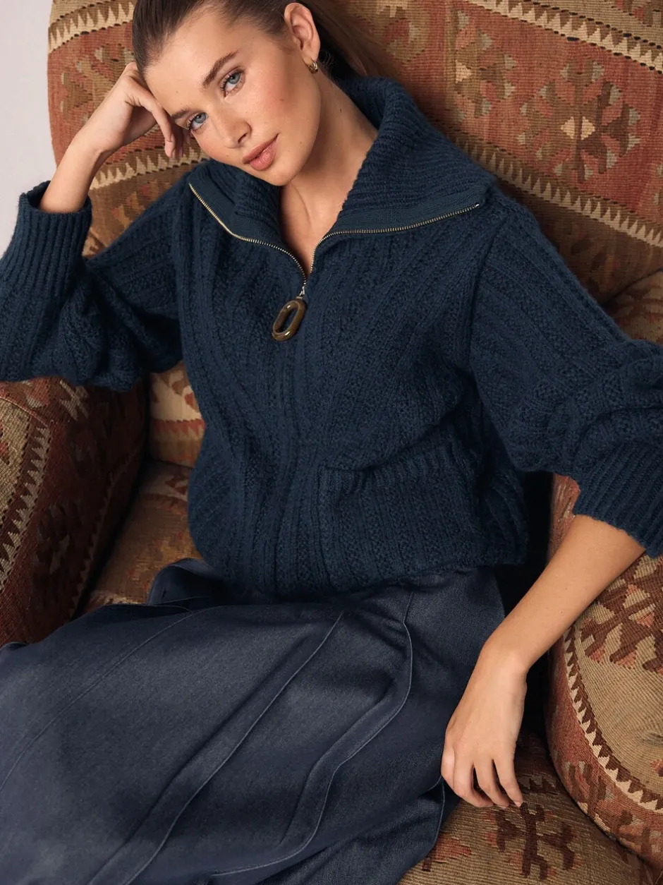 Gebreide Kleding|Next Donkerblauw - Stitchy Knitted Zip Up Collar Cardigan