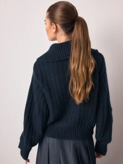 Gebreide Kleding|Next Donkerblauw - Stitchy Knitted Zip Up Collar Cardigan