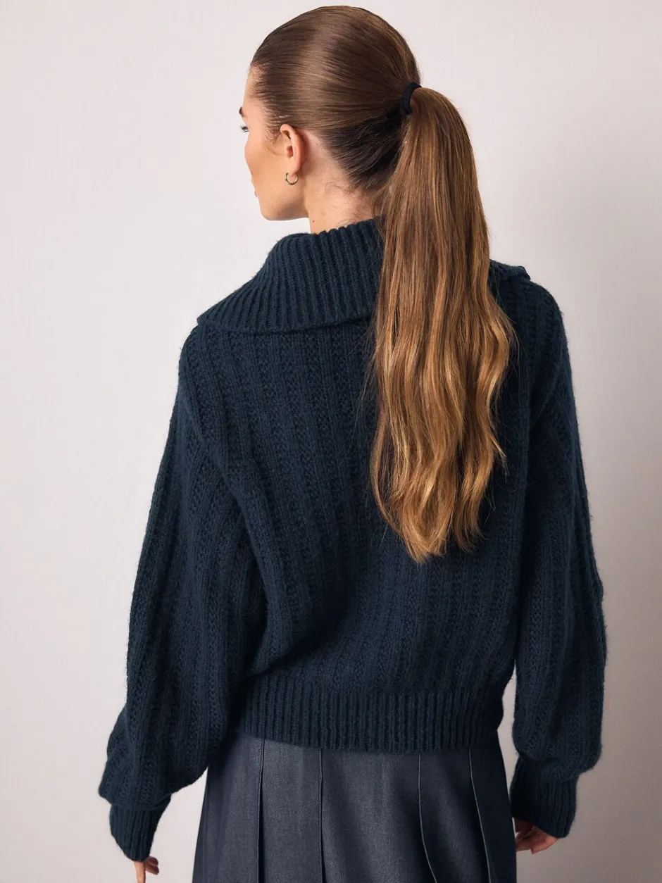 Gebreide Kleding|Next Donkerblauw - Stitchy Knitted Zip Up Collar Cardigan