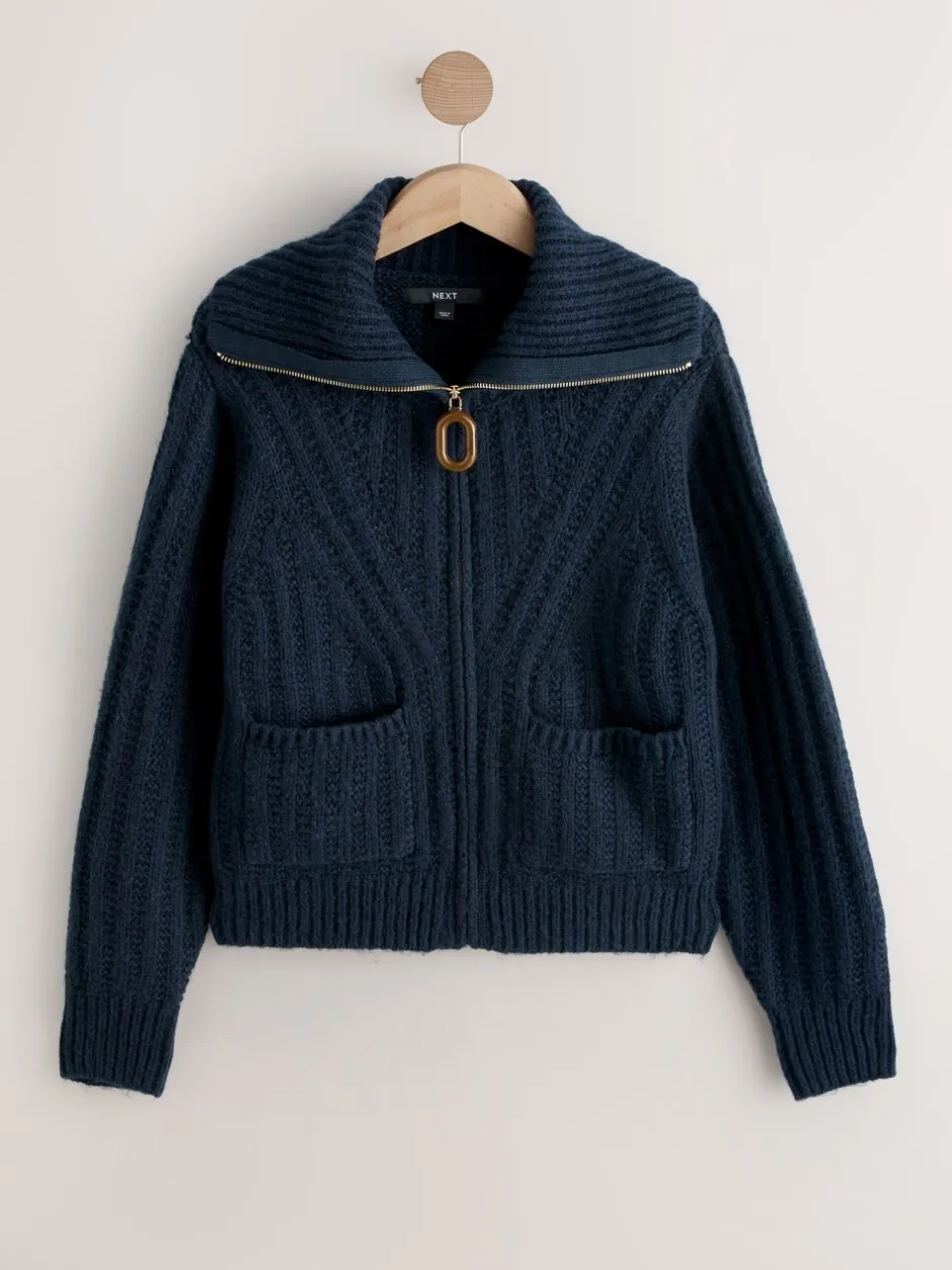 Gebreide Kleding|Next Donkerblauw - Stitchy Knitted Zip Up Collar Cardigan