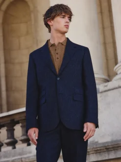 Pakken|Next - Tailored Fit Signature Abraham Moon 100% British Wool Donegal Suit Jacket Donkerblauw