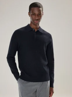 Gebreide Kleding|Poloshirts|Next - Textuur - Regular Fit Essential Long Sleeve Knitted Polo Shirt Donkerblauw