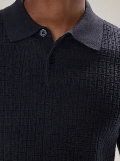 Gebreide Kleding|Poloshirts|Next - Textuur - Regular Fit Essential Long Sleeve Knitted Polo Shirt Donkerblauw
