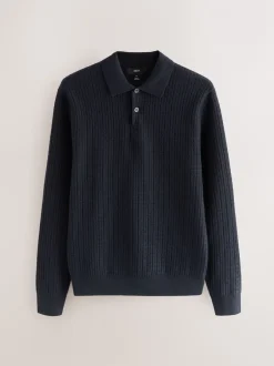 Gebreide Kleding|Poloshirts|Next - Textuur - Regular Fit Essential Long Sleeve Knitted Polo Shirt Donkerblauw