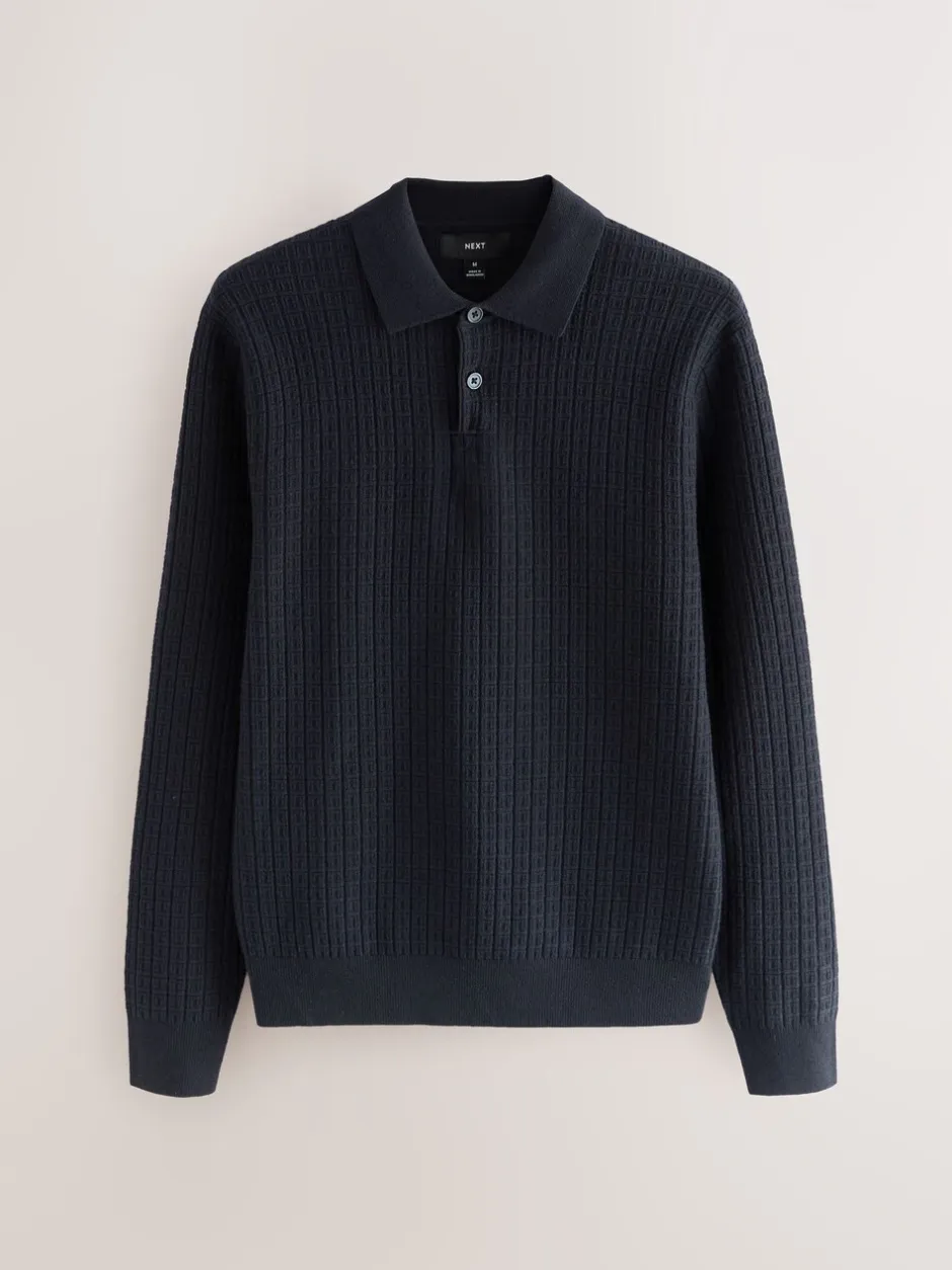 Gebreide Kleding|Poloshirts|Next - Textuur - Regular Fit Essential Long Sleeve Knitted Polo Shirt Donkerblauw