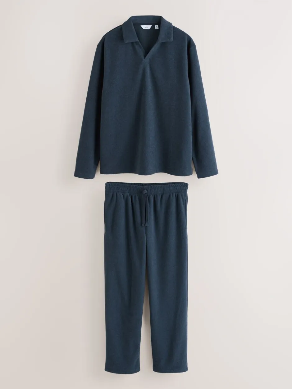 Pyjama's|Next Donkerblauw - Towelling Long Sleeve Trophy Neck Pyjamas Set
