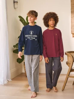 Pyjama's|Nachtkleding En Pyjama's|Next Donkerblauw/bordeauxrood - Set van 2 geweven geruite pyjama's met lange mouwen (3-16jr)