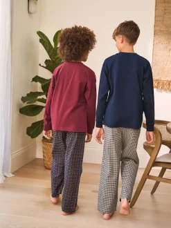 Pyjama's|Nachtkleding En Pyjama's|Next Donkerblauw/bordeauxrood - Set van 2 geweven geruite pyjama's met lange mouwen (3-16jr)