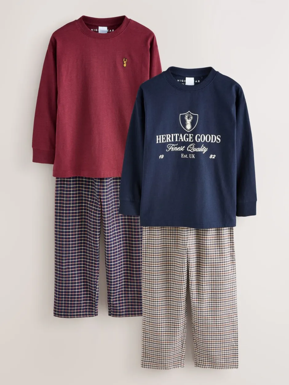 Pyjama's|Nachtkleding En Pyjama's|Next Donkerblauw/bordeauxrood - Set van 2 geweven geruite pyjama's met lange mouwen (3-16jr)