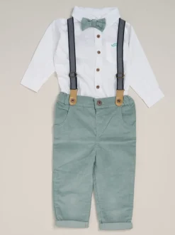 Shirts|Little Gent Donkergroen - Corduroy Bow Tie Mock Shirt and Trousers With Braces Outfit Set