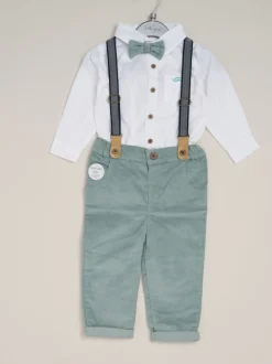 Shirts|Little Gent Donkergroen - Corduroy Bow Tie Mock Shirt and Trousers With Braces Outfit Set