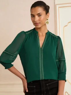 Blouses En Overhemden*Love & Roses - blouse met V-hals en hardware met 3/4 mouwen Donkergroen