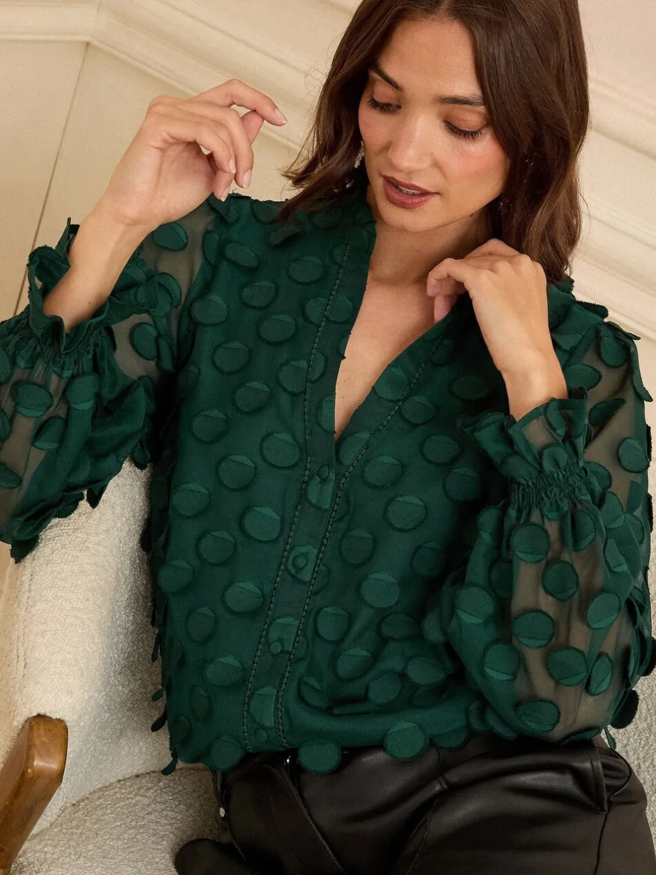 Blouses En Overhemden|Tops En T-Shirts*Love & Roses - 3D blouse met lange mouwen en stippen Donkergroen