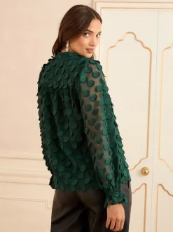 Blouses En Overhemden|Tops En T-Shirts*Love & Roses - 3D blouse met lange mouwen en stippen Donkergroen
