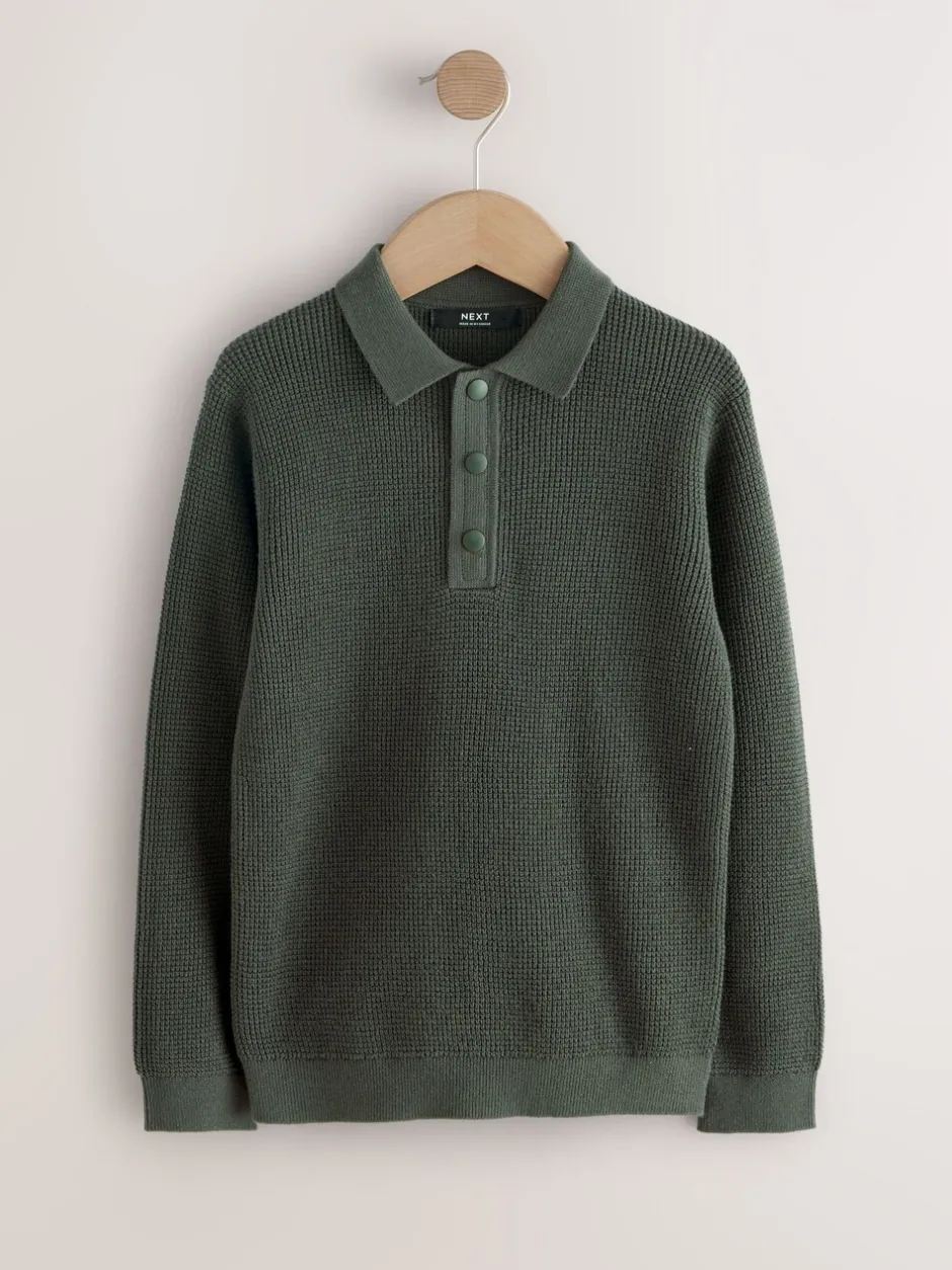Truien En Breisels|Next Donkergroen - Poloshirt met textuur en lange mouwen (3-16jr)