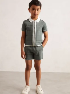 Shorts*Reiss - Barbor Tipped Knit Stitch-Detail Shorts Donkersaliegroen