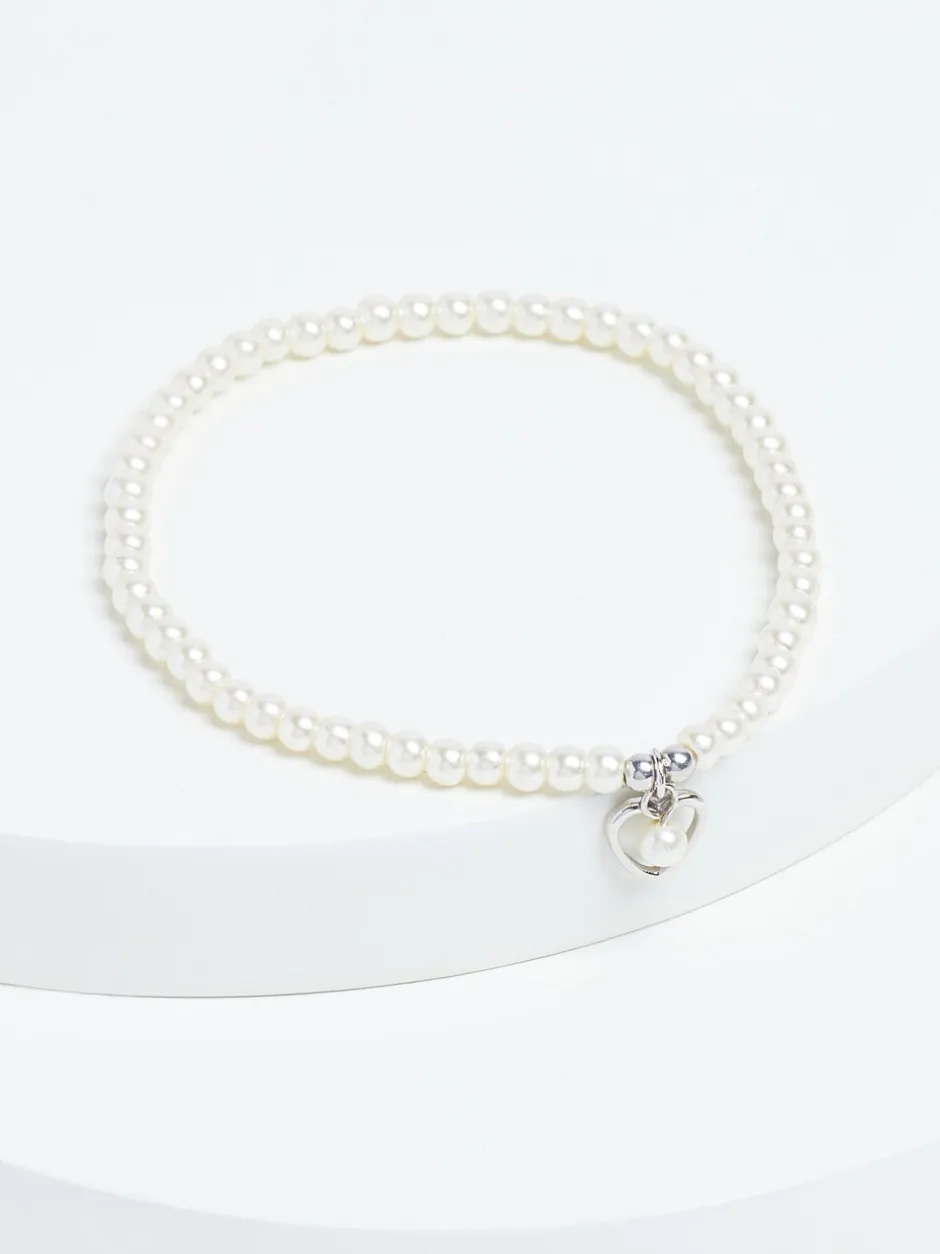 Sieraden|Next Echt zilver - Armband met kralen, pareleffect en hartjesbedel