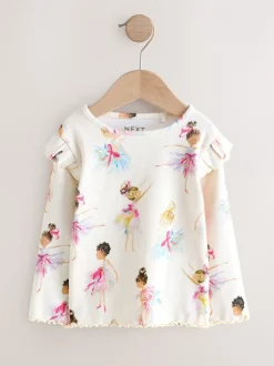 Tops|Next - Geribbeld T-shirt met ruches en lange mouwen (3mnd-7jr) Ecru