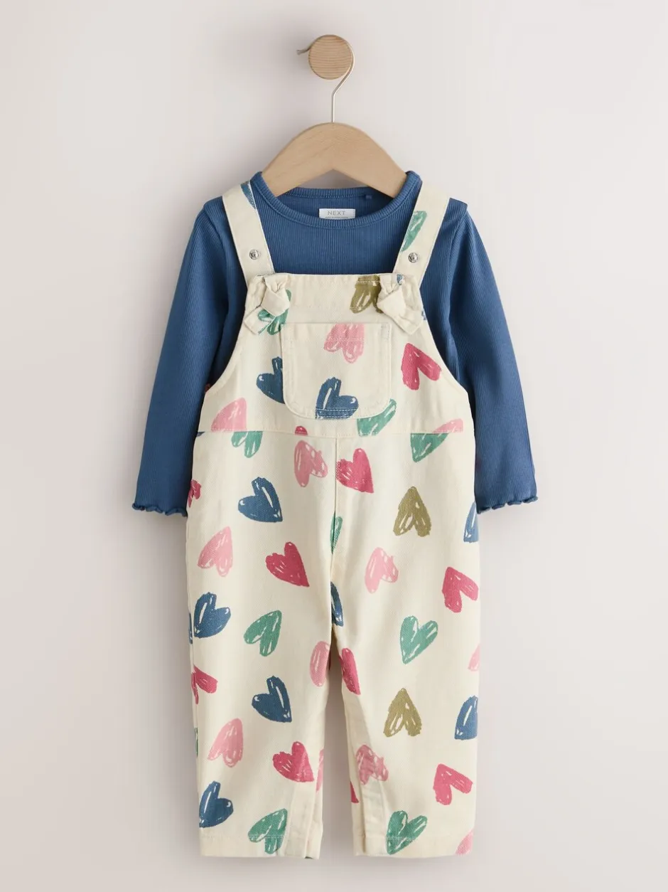 Sets En Combisets|Jumpsuits En Playsuits|Next Ecru - Heart Print Dungarees and T-Shirt Set (3mths-7yrs)