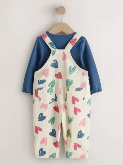 Sets En Combisets|Jumpsuits En Playsuits|Next Ecru - Heart Print Dungarees and T-Shirt Set (3mths-7yrs)