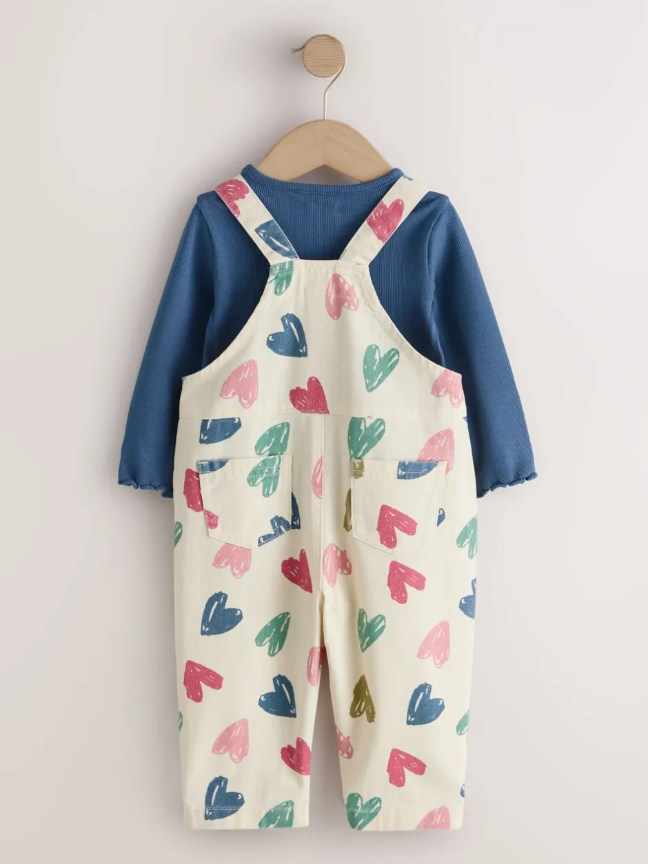 Sets En Combisets|Jumpsuits En Playsuits|Next Ecru - Heart Print Dungarees and T-Shirt Set (3mths-7yrs)