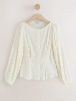 Blouses En Overhemden|Tops En T-Shirts*Next - Long Sleeve Boatneck Textured Button-Front Blouse Ecru