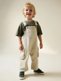 Rompertjes En Tuinbroeken*Next Ecru - Twill Woven Cotton Cargo Dungarees (3mths-7yrs)