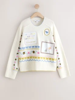 Gebreide Kleding*Next Ecru geborduurd - Gebreide trui met ronde hals van wol