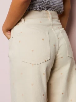 Jeans|Next Ecru geborduurd hart - Jeans met wijde pijpen
