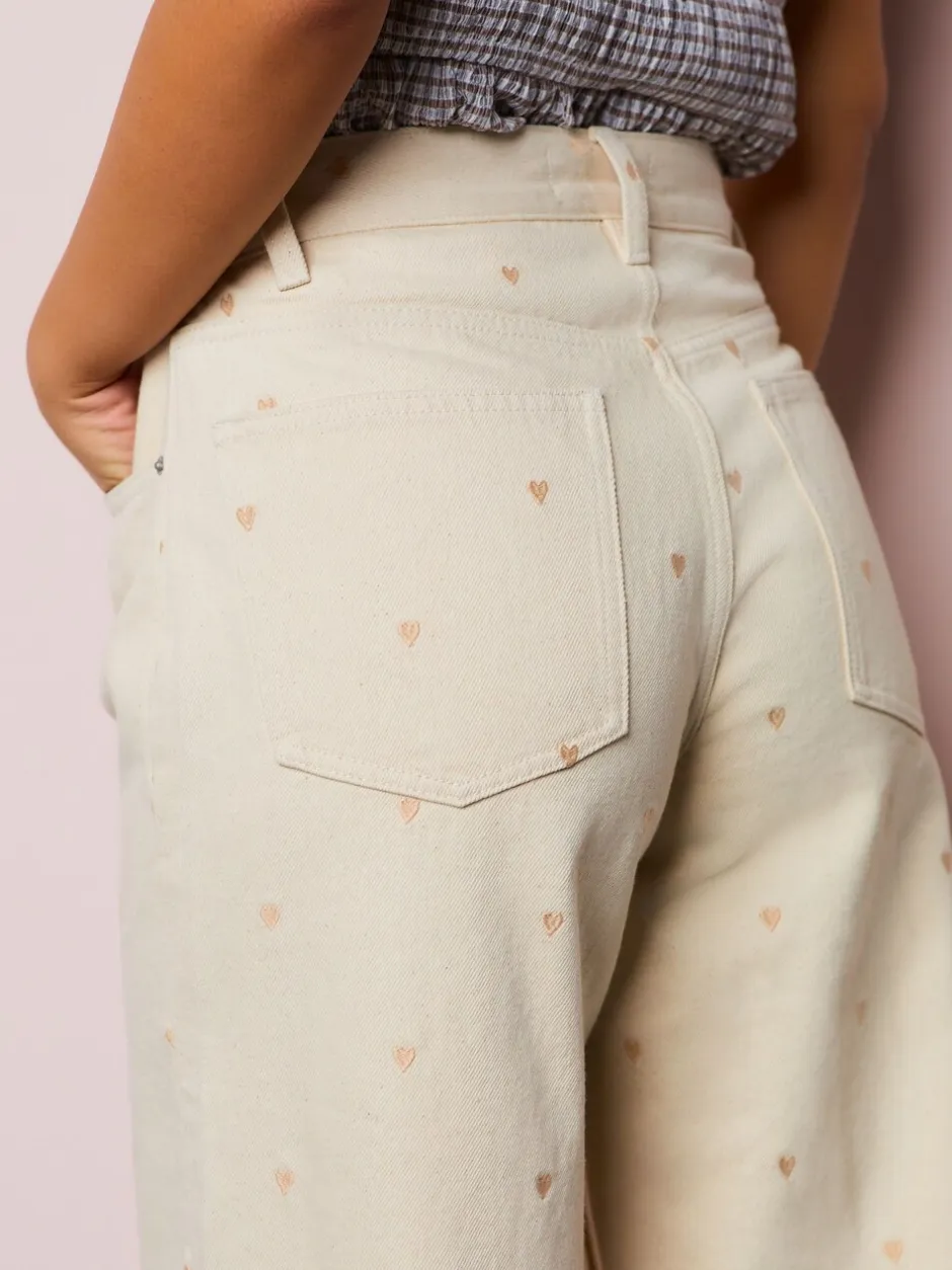 Jeans|Next Ecru geborduurd hart - Jeans met wijde pijpen