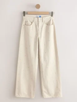 Jeans|Next Ecru geborduurd hart - Jeans met wijde pijpen