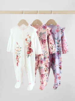 Babypakjes En Babypyjama's|Next Ecru met bloemenmotief - Verpakking van 3 babypyjama's (0 mnd-2 jr)