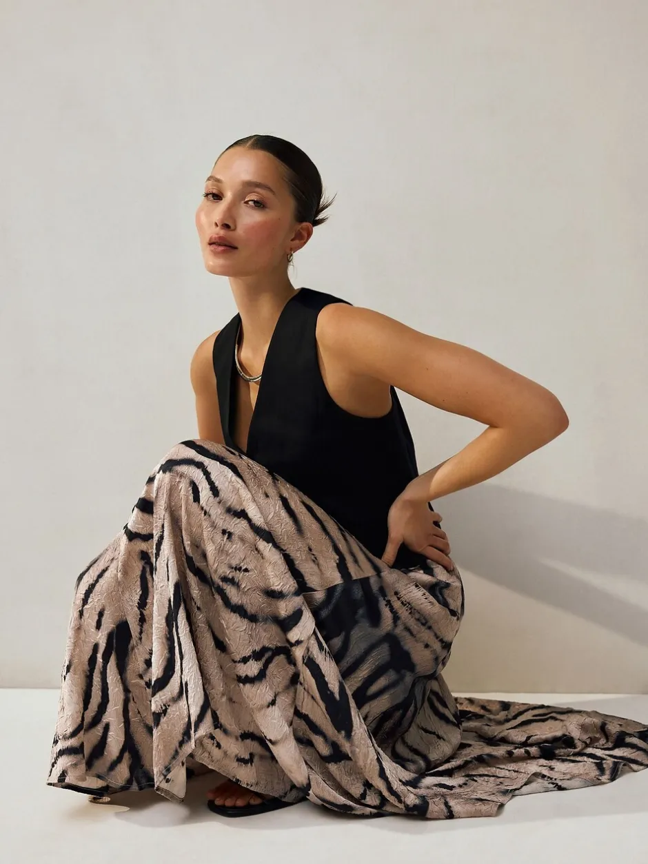 Rokken|Next - Kreukeltextuur Satijn Asymmetrische Midi-rok Ecru met zebraprint