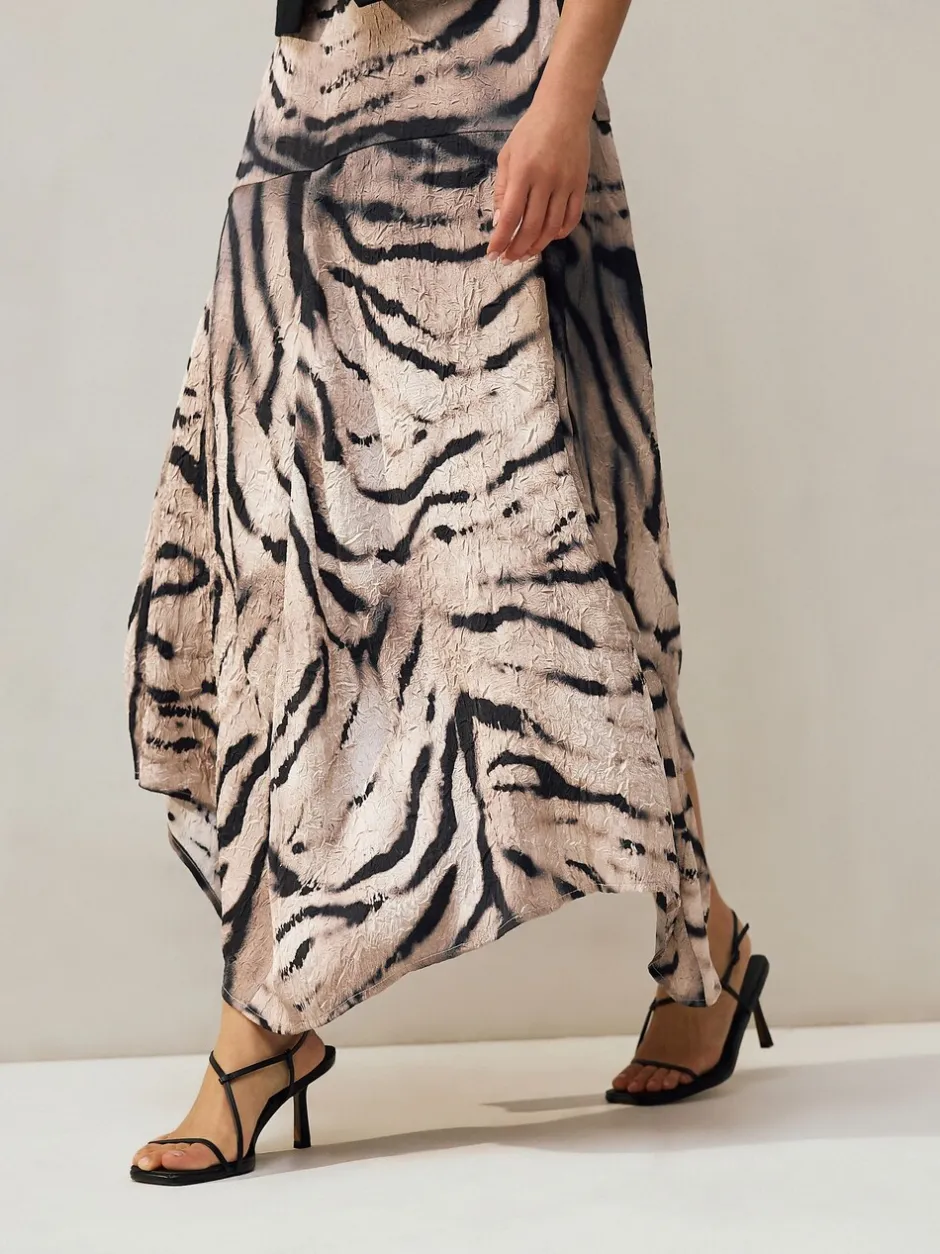 Rokken|Next - Kreukeltextuur Satijn Asymmetrische Midi-rok Ecru met zebraprint