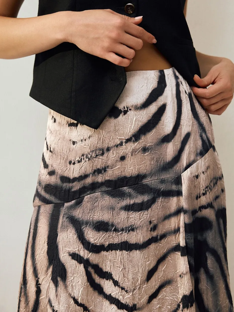 Rokken|Next - Kreukeltextuur Satijn Asymmetrische Midi-rok Ecru met zebraprint