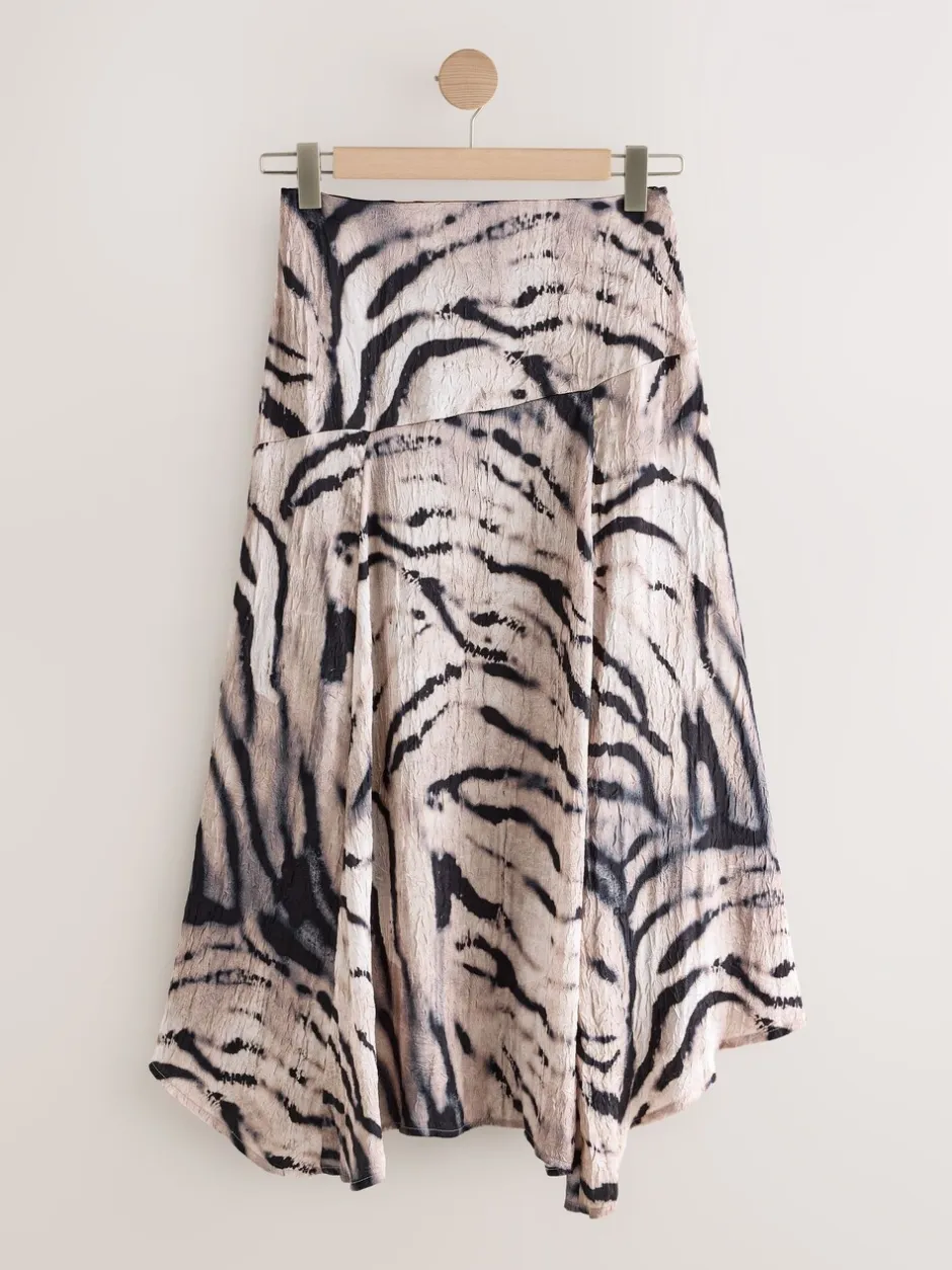 Rokken|Next - Kreukeltextuur Satijn Asymmetrische Midi-rok Ecru met zebraprint