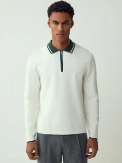 Gebreide Kleding|Poloshirts|Next Ecru White/Green - Half met rits - Regular Fit Premium Mid Weight Long Sleeve Knit Polo Shirt