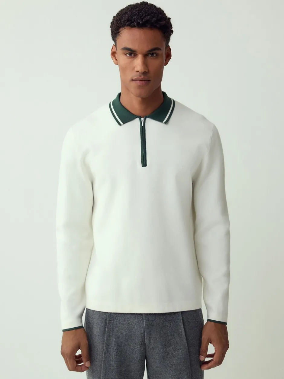 Gebreide Kleding|Poloshirts|Next Ecru White/Green - Half met rits - Regular Fit Premium Mid Weight Long Sleeve Knit Polo Shirt