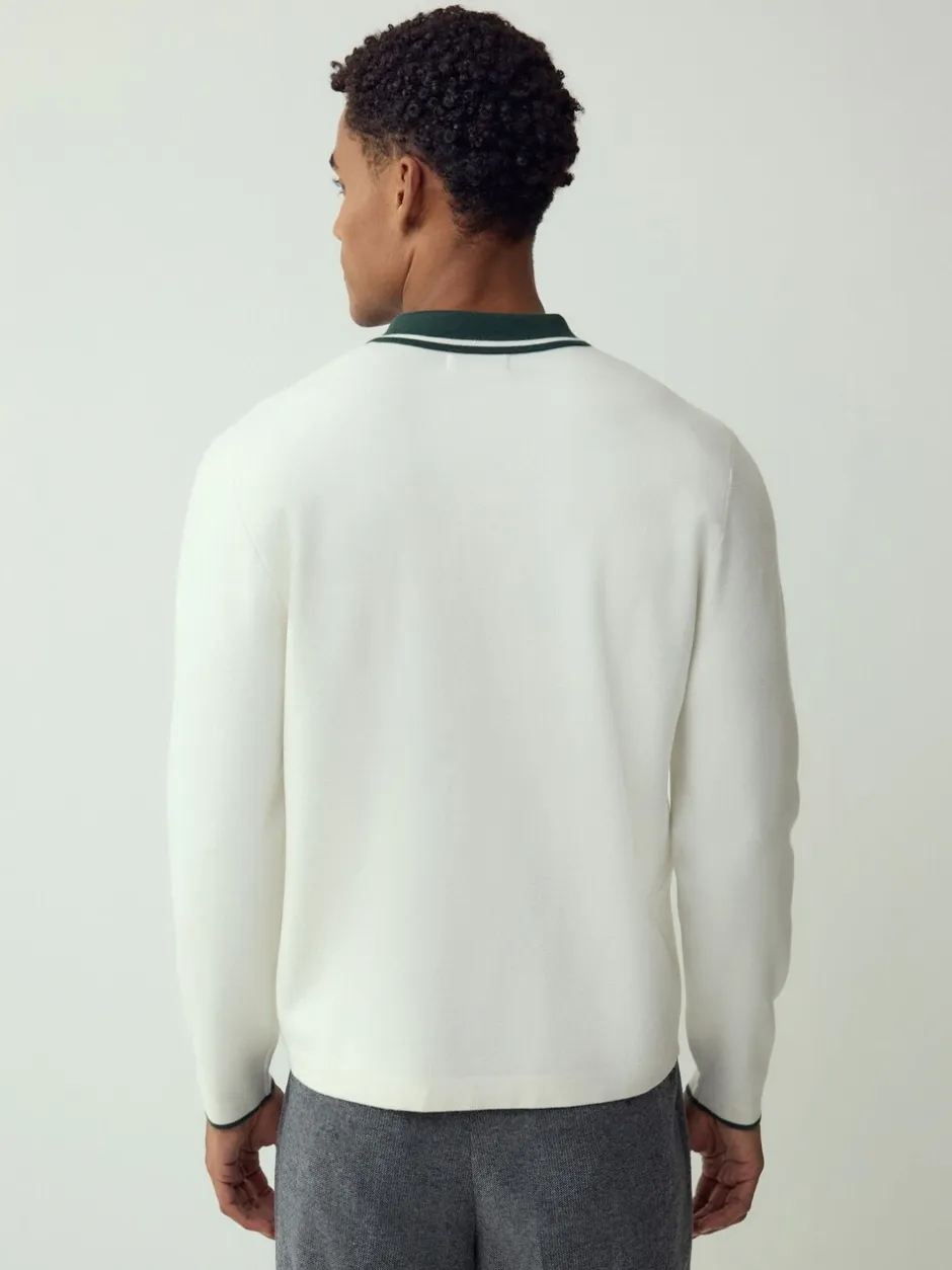 Gebreide Kleding|Poloshirts|Next Ecru White/Green - Half met rits - Regular Fit Premium Mid Weight Long Sleeve Knit Polo Shirt