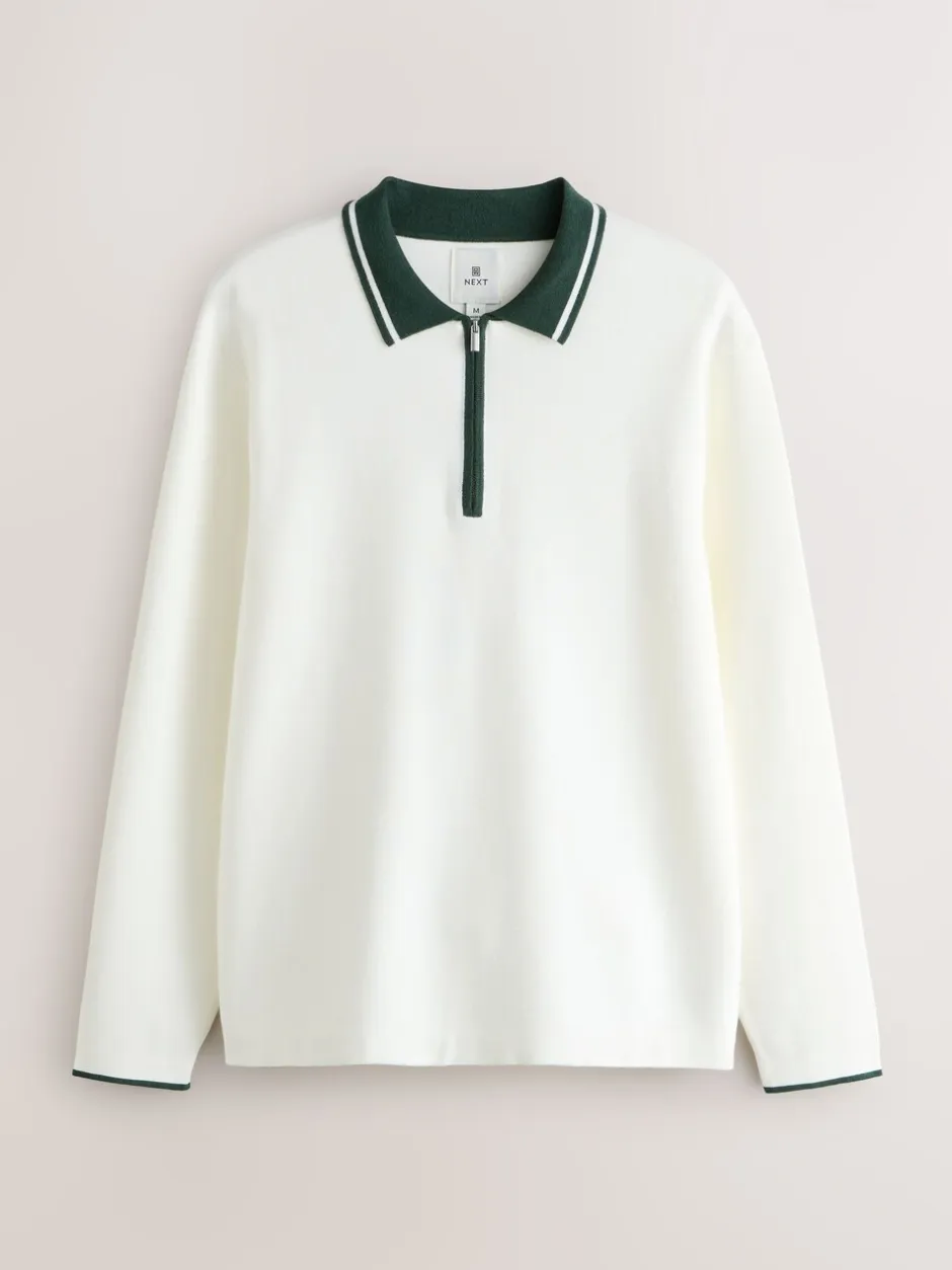 Gebreide Kleding|Poloshirts|Next Ecru White/Green - Half met rits - Regular Fit Premium Mid Weight Long Sleeve Knit Polo Shirt