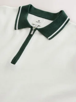 Gebreide Kleding|Poloshirts|Next Ecru White/Green - Half met rits - Regular Fit Premium Mid Weight Long Sleeve Knit Polo Shirt