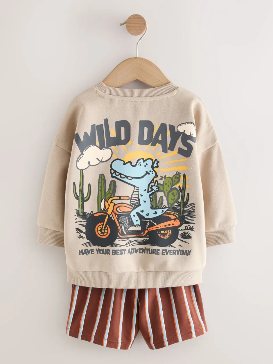 Sets En Combisets|Truien En Breisels*Next Ecru Wild Days - Crew Neck Sweatshirt and Shorts Set (3mths-7yrs) (3mths-7yrs)
