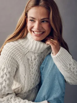 Gebreide Kleding|Next - Roll Neck Cable Longline Jumper with Wool Ecru wit