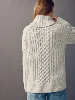 Gebreide Kleding|Next - Roll Neck Cable Longline Jumper with Wool Ecru wit