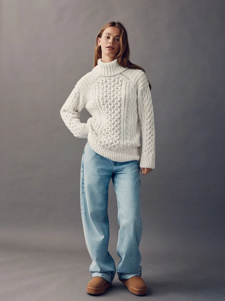Gebreide Kleding|Next - Roll Neck Cable Longline Jumper with Wool Ecru wit
