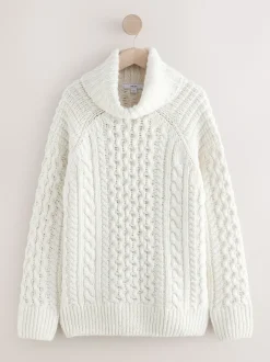 Gebreide Kleding|Next - Roll Neck Cable Longline Jumper with Wool Ecru wit