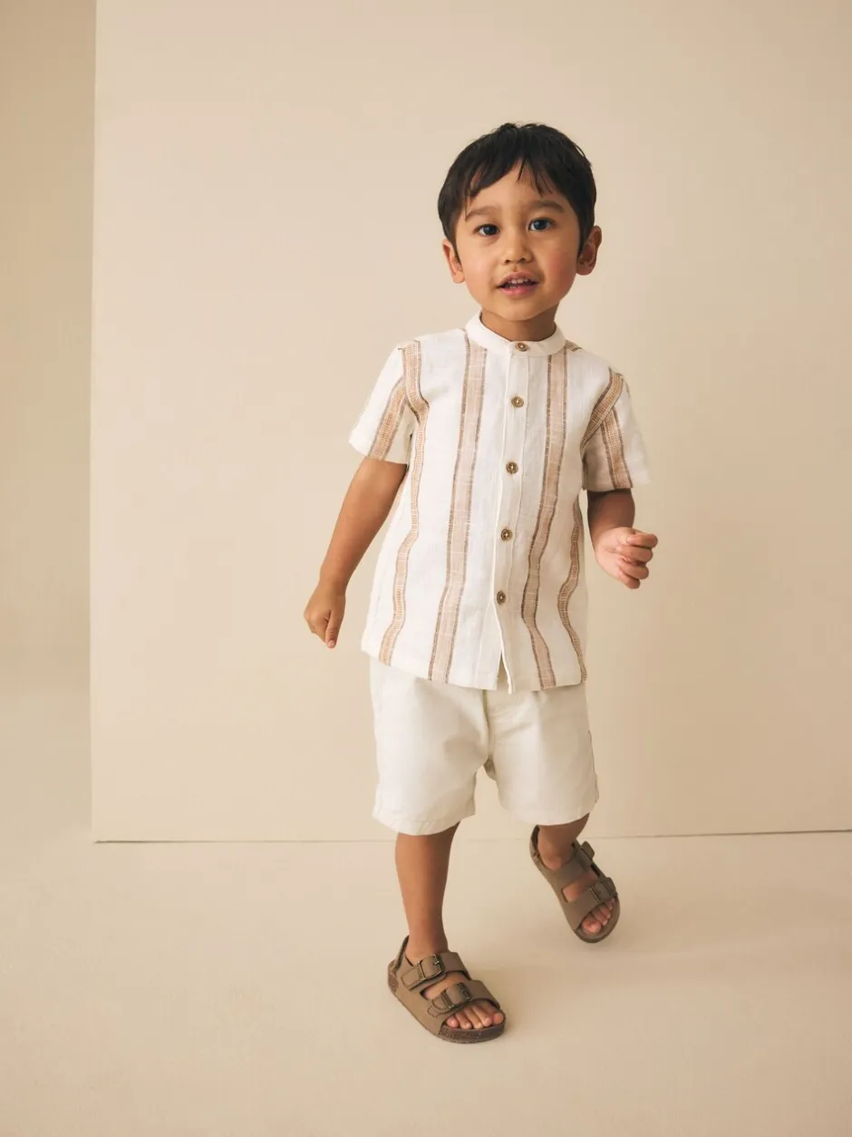 Shirts*Next Ecru/bruin - Short Sleeve Grandad Collar Textured Stripe Shirt (3mths-7yrs)