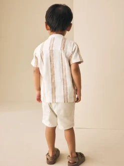 Shirts*Next Ecru/bruin - Short Sleeve Grandad Collar Textured Stripe Shirt (3mths-7yrs)