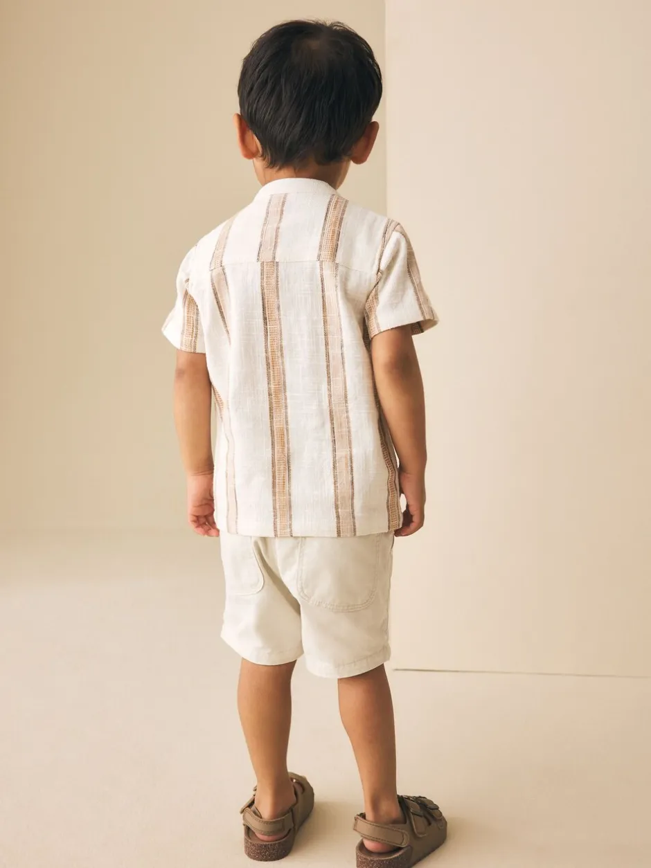 Shirts*Next Ecru/bruin - Short Sleeve Grandad Collar Textured Stripe Shirt (3mths-7yrs)